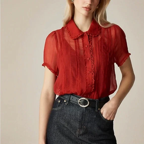 J.Crew Sheer lace-trim button-up Vibrant Red Cap Sleeves Blouse Women’s Size 6 - Picture 1 of 12